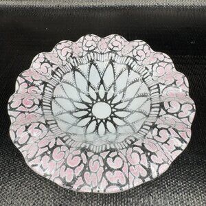 SYDENSTRICKER Embassy Pink Lace Ruffled Bowl Plate Dish Art Glass Signed Ruffled